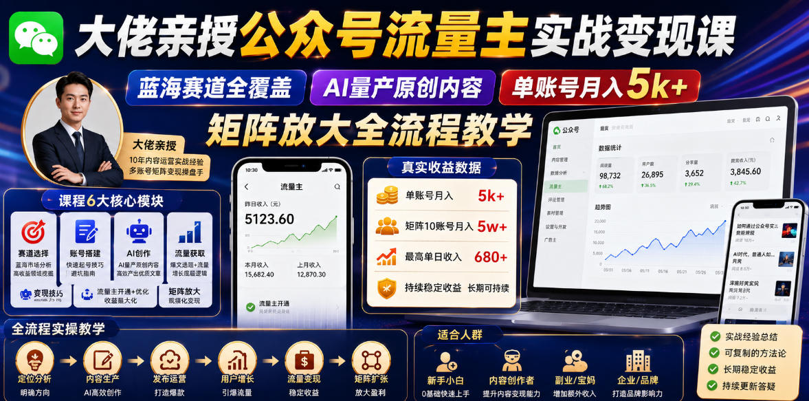 大佬亲授公众号流量主实战变现课，蓝海赛道全覆盖，AI量产原创内容，单账号月入5k+矩阵放大全流程教学-创业网 - 最新网络创业项目与实战营销教程平台 | cye.cc