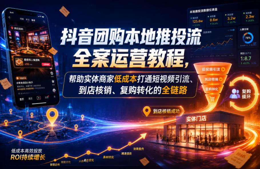 抖音团购本地推投流全案运营教程，帮助实体商家低成本打通短视频引流、到店核销、复购转化的全链路-创业网 - 最新网络创业项目与实战营销教程平台 | cye.cc