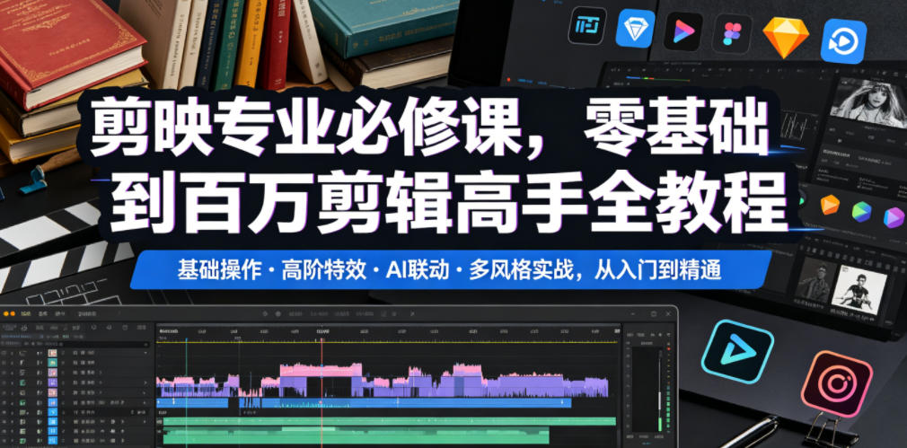 剪映专业必修课，零基础到百万剪辑高手全教程，基础操作・高阶特效・AI联动・多风格实战，从入门到精通-创业网 - 最新网络创业项目与实战营销教程平台 | cye.cc