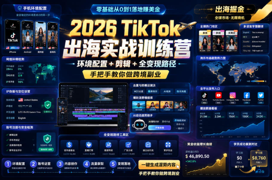 2026 TikTok出海实战训练营，环境配置 + 剪辑 + 全变现路径，手把手教你做跨境副业-创业网 - 最新网络创业项目与实战营销教程平台 | cye.cc