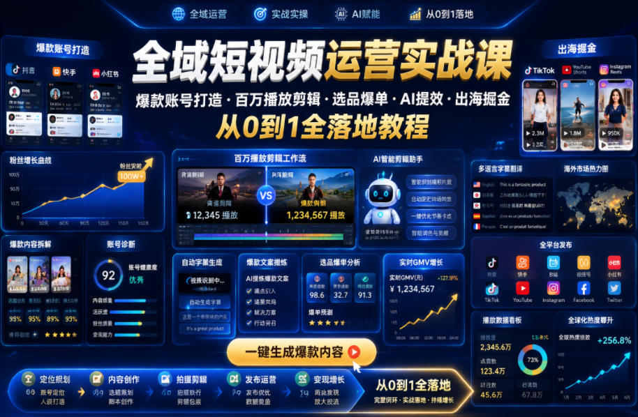 全域短视频运营实战课，爆款账号打造・百万播放剪辑・选品爆单・AI提效・出海掘金，从0到1全落地教程-创业网 - 最新网络创业项目与实战营销教程平台 | cye.cc