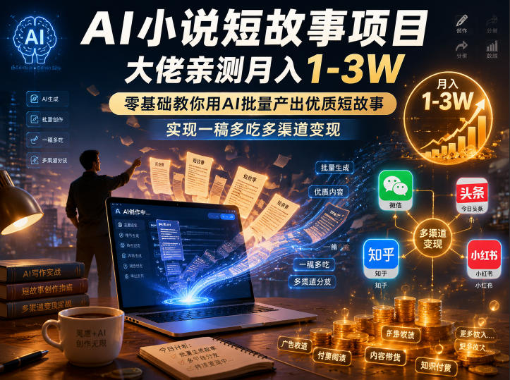 AI小说短故事项目，大佬亲测月入1-3W，零基础教你用AI批量产出优质短故事，实现一稿多吃多渠道变现-创业网 - 最新网络创业项目与实战营销教程平台 | cye.cc