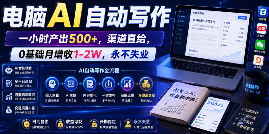 电脑AI自动写作，一小时产出500+，渠道直给，0基础月增收1-2W，永不失业【揭秘】-创业网 - 最新网络创业项目与实战营销教程平台 | cye.cc