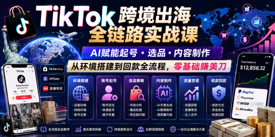 TikTok跨境出海全链路实战课，AI赋能起号・选品・内容制作，从环境搭建到回款全流程，零基础賺美刀-创业网 - 最新网络创业项目与实战营销教程平台 | cye.cc