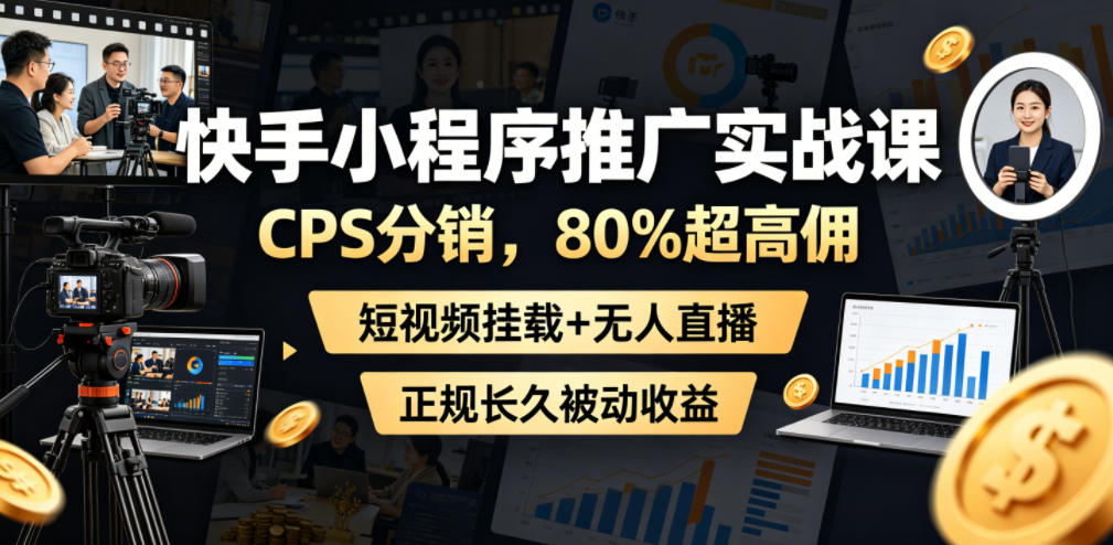 快手小程序推广实战课，CPS分销，80%超高佣，短视频挂载+无人直播，正规长久被动收益-创业网 - 最新网络创业项目与实战营销教程平台 | cye.cc