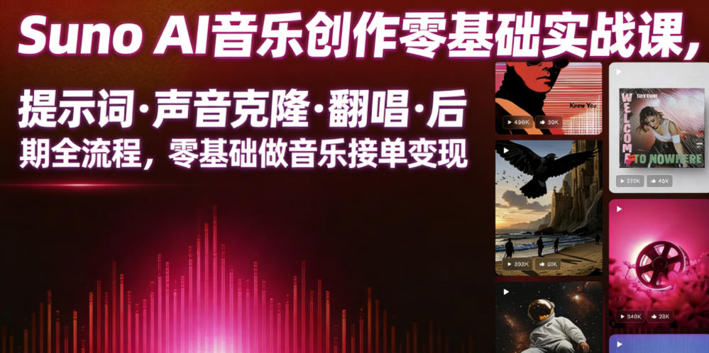 Suno AI音乐创作实战课，提示词・声音克隆・翻唱・后期全流程，零基础做音乐接单变现-创业网 - 最新网络创业项目与实战营销教程平台 | cye.cc