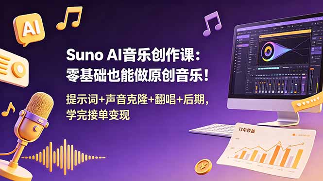 Suno AI音乐创作课：零基础也能做原创音乐！提示词+声音克隆+翻唱+后期，学完接单变现-创业网 - 最新网络创业项目与实战营销教程平台 | cye.cc
