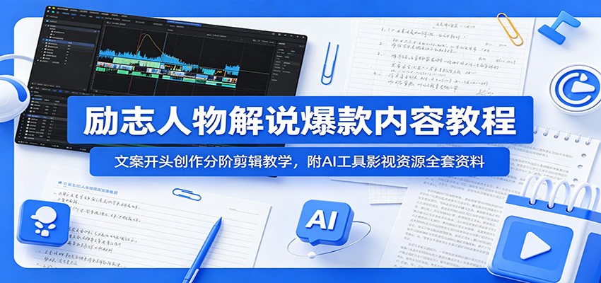 励志人物解说爆款内容教程：文案开头创作分阶剪辑教学，附AI 工具影视资源全套资料-创业网 - 最新网络创业项目与实战营销教程平台 | cye.cc