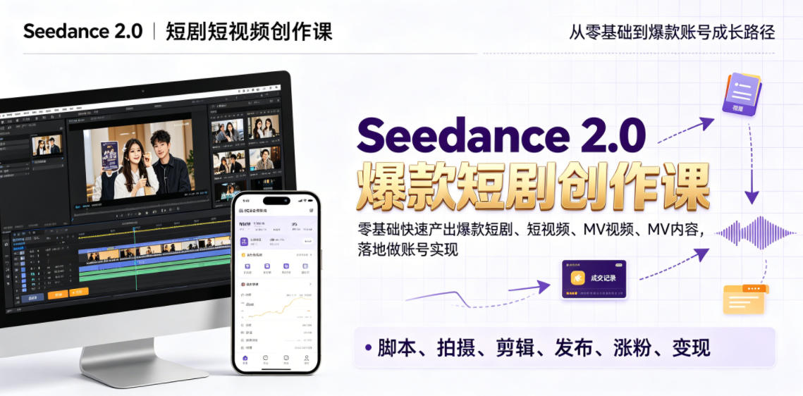 Seedance 2.0短剧短视频创作课，零基础快速产出爆款短剧、短视频、MV内容，落地做账号实现变现-创业网 - 最新网络创业项目与实战营销教程平台 | cye.cc