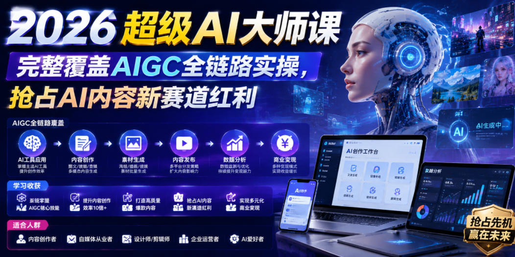 2026超级AI大师课，完整覆盖AIGC全链路实操，抢占AI内容新赛道红利-创业网 - 最新网络创业项目与实战营销教程平台 | cye.cc