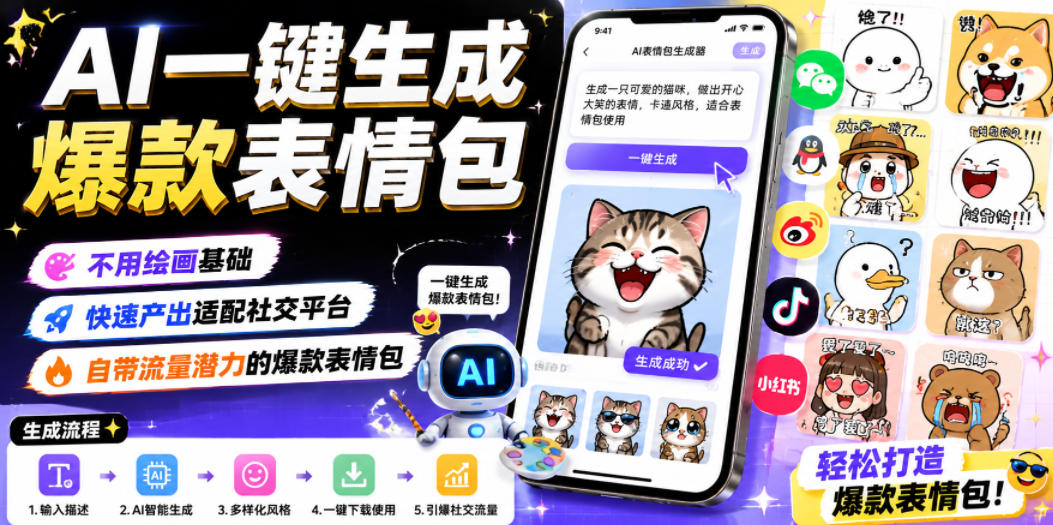 AI一键生成爆款表情包，不用绘画基础，快速产出适配社交平台，自带流量潜力的爆款表情包-创业网 - 最新网络创业项目与实战营销教程平台 | cye.cc