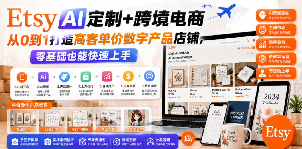 Etsy AI定制+跨境电商，从0到1打造高客单价数字产品店铺，零基础也能快速上手-创业网 - 最新网络创业项目与实战营销教程平台 | cye.cc