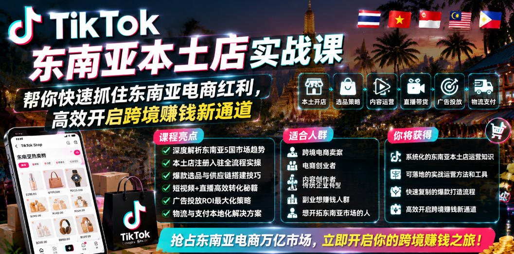 TikTok东南亚本土店实战课，帮你快速抓住东南亚电商红利，高效开启跨境賺钱新通道-创业网 - 最新网络创业项目与实战营销教程平台 | cye.cc