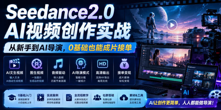 Seedance2.0 AI视频创作实战，从新手到AI导演，0基础也能成片接单变现-创业网 - 最新网络创业项目与实战营销教程平台 | cye.cc