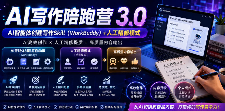 AI写作陪跑营3.0，Ai智能体创建写作skill(workbuddy)+人工手写模式(手搓模式)，去除AI痕迹(头条号、公众号、百家号)-创业网 - 最新网络创业项目与实战营销教程平台 | cye.cc