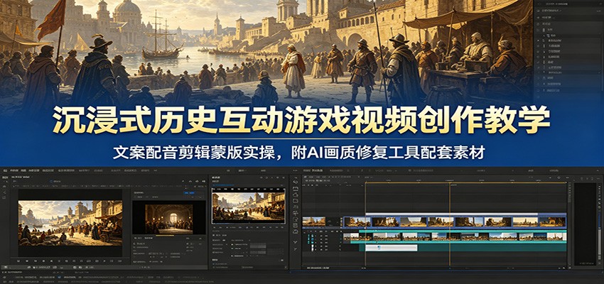 沉浸式历史互动游戏视频创作教学：文案配音剪辑蒙版实操，附AI画质修复工具配套素材-创业网 - 最新网络创业项目与实战营销教程平台 | cye.cc