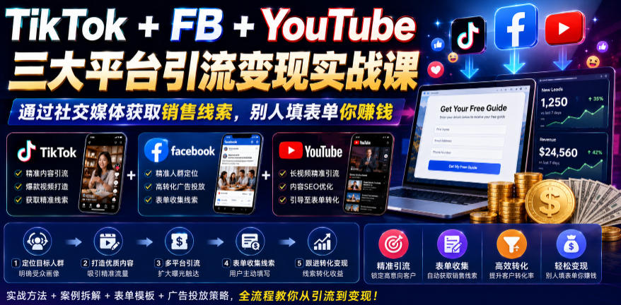 TikTok+FB+YouTube三大平台引流变现实战课，通过社交媒体获取销售线索，别人填表单你賺钱【原创双语字幕】-创业网 - 最新网络创业项目与实战营销教程平台 | cye.cc
