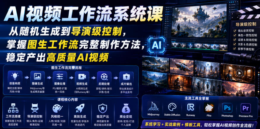 AI视频工作流系统课，从随机生成到导演级控制，掌握图生工作流完整制作方法，稳定产出高质量AI视频-创业网 - 最新网络创业项目与实战营销教程平台 | cye.cc