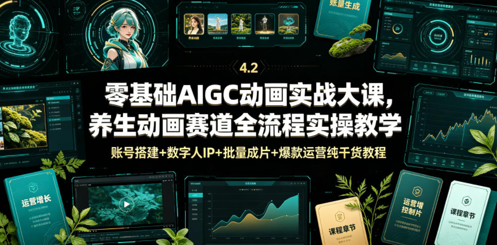 零基础AIGC动画实战大课，养生动画赛道全流程实操教学，账号搭建+数字人IP+批量成片+爆款运营纯干货教程-创业网 - 最新网络创业项目与实战营销教程平台 | cye.cc