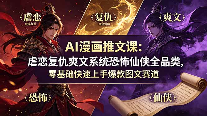 AI漫画推文课：虐恋复仇爽文系统恐怖仙侠全品类，零基础快速上手爆款图文赛道-创业网 - 最新网络创业项目与实战营销教程平台 | cye.cc