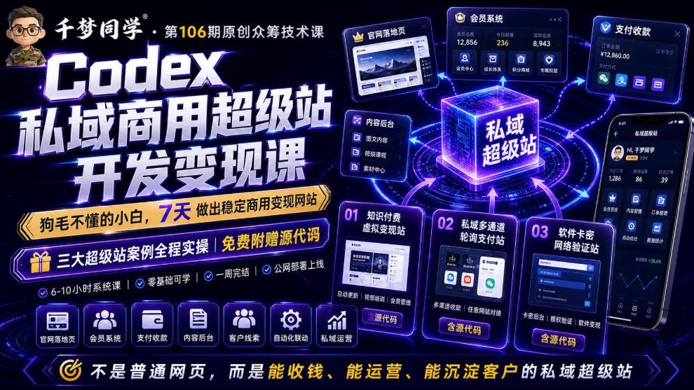 Codex私域商用超级站Ai开发变现课，7天带你从零基础到能自己动手做出能收钱、能运营、能沉淀客户的私域超级站-创业网 - 最新网络创业项目与实战营销教程平台 | cye.cc