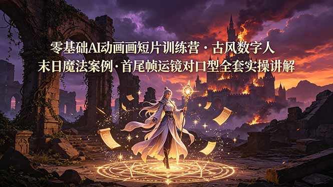 零基础AI动画短片训练营，古风数字人末日魔法案例，首尾帧运镜对口型全套实操讲解-创业网 - 最新网络创业项目与实战营销教程平台 | cye.cc