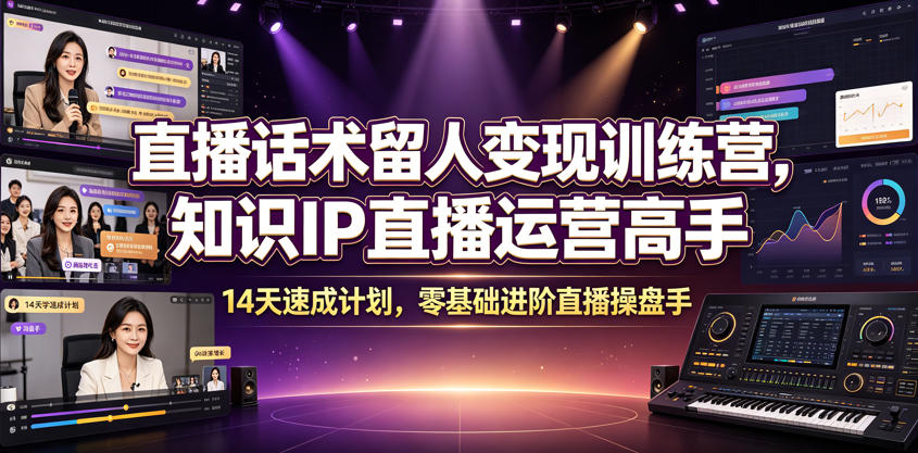 直播话术留人变现训练营，知识IP直播运营高手，14天速成计划，零基础进阶直播操盘手-创业网 - 最新网络创业项目与实战营销教程平台 | cye.cc