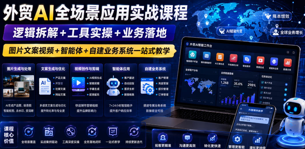 外贸AI全场景应用实战课程｜逻辑拆解+工具实操+业务落地，图片文案视频+智能体+自建业务系统一站式教学-创业网 - 最新网络创业项目与实战营销教程平台 | cye.cc