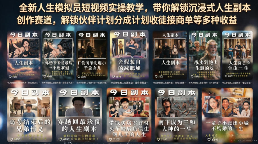 全新人生模拟员短视频实操教学，带你解锁沉浸式人生副本创作赛道，解锁伙伴计划分成计划收徒接商单等多种收益-创业网 - 最新网络创业项目与实战营销教程平台 | cye.cc