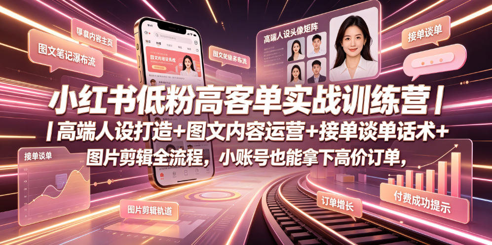小红书低粉高客单实战训练营｜高端人设打造+图文内容运营+接单谈单话术+图片剪辑全流程，小账号也能拿下高价订单-创业网 - 最新网络创业项目与实战营销教程平台 | cye.cc