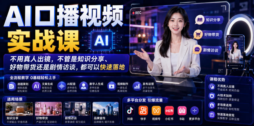AI口播视频实战课，不用真人出镜，不管是知识分享、好物带货还是剧情访谈，都可以快速落地-创业网 - 最新网络创业项目与实战营销教程平台 | cye.cc