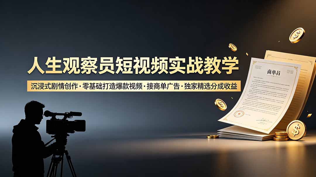 人生观察员短视频实战教学，沉浸式剧情创作，零基础打造爆款视频，接商单广告，独家精选分成收益-创业网 - 最新网络创业项目与实战营销教程平台 | cye.cc