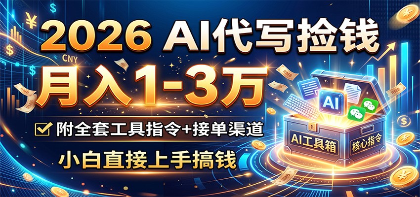 2026 AI代写捡钱，月入1-3万，附全套工具指令+接单渠道，小白直接上手搞钱-创业网 - 最新网络创业项目与实战营销教程平台 | cye.cc