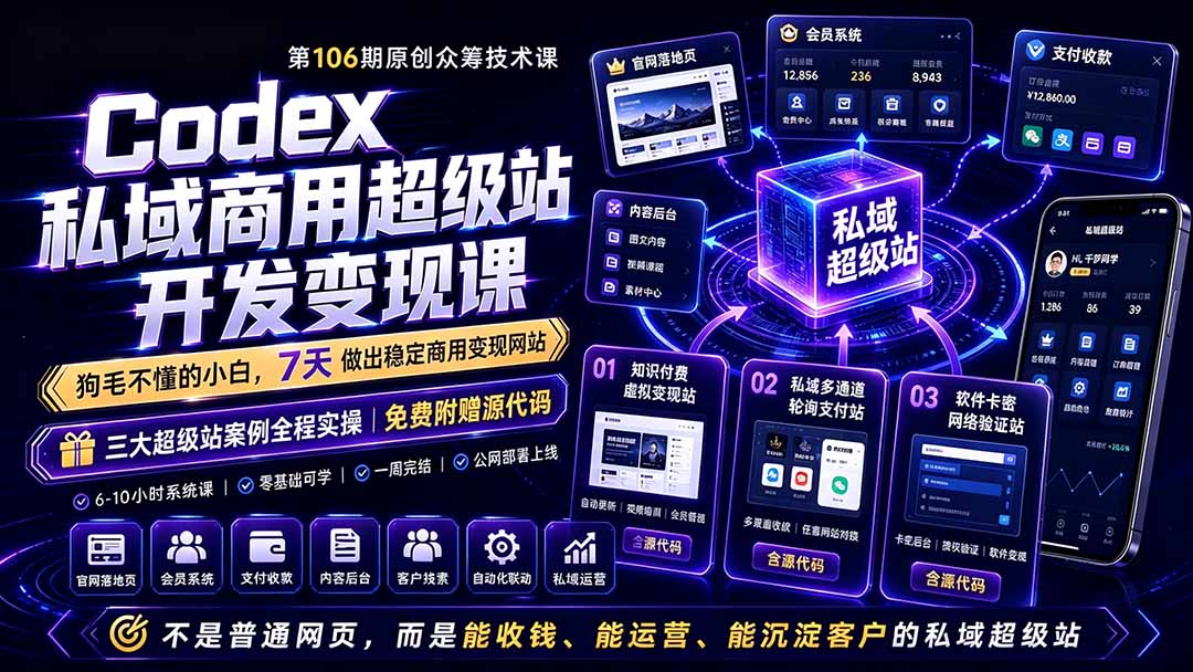 Codex私域商用超级站Ai开发变现课106期-更新0630：不是普通网站，而是能收钱，能运营，能沉淀客户的私域超级站-创业网 - 最新网络创业项目与实战营销教程平台 | cye.cc