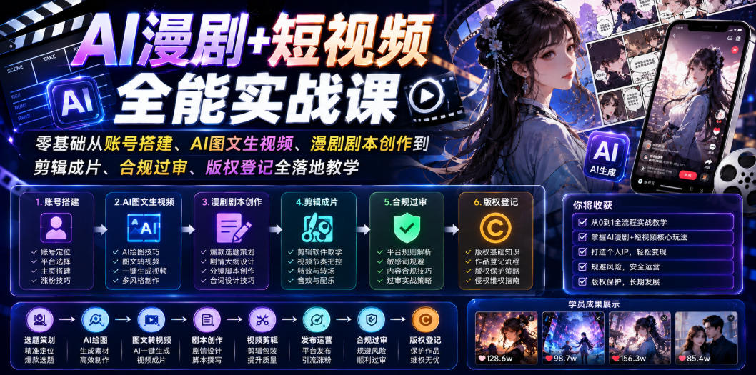 AI漫剧+短视频全能实战课｜零基础从账号搭建、AI图文生视频、漫剧剧本创作到剪辑成片、合规过审、版权登记全落地教学-创业网 - 最新网络创业项目与实战营销教程平台 | cye.cc