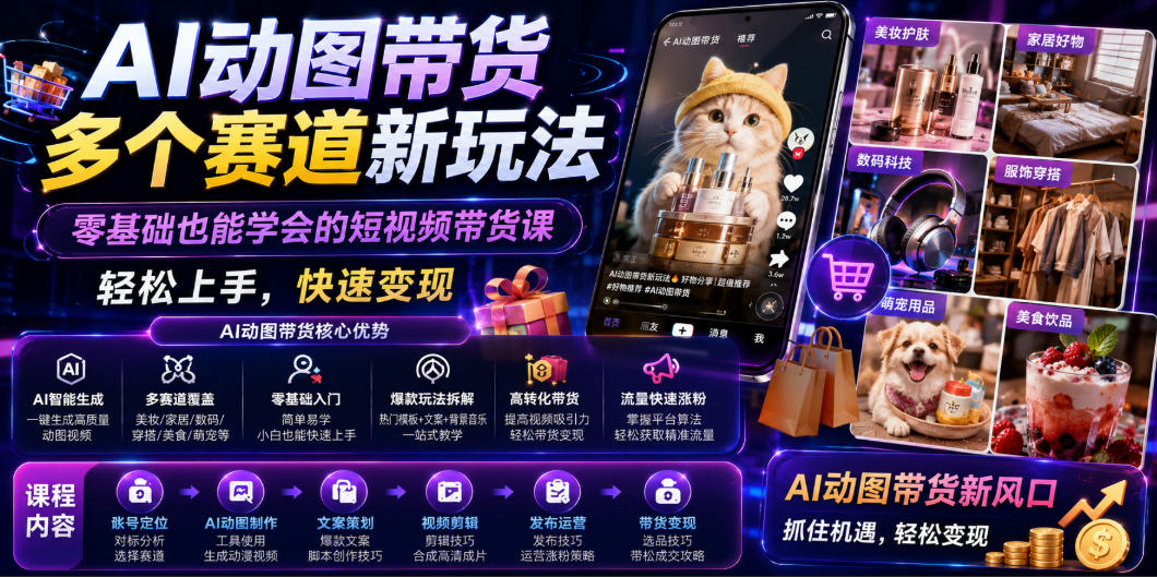 AI动图带货多个赛道新玩法，零基础也能学会的短视频带货课，轻松上手，快速变现-创业网 - 最新网络创业项目与实战营销教程平台 | cye.cc