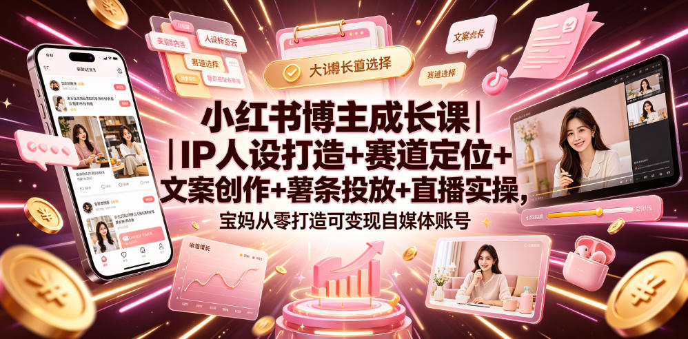 小红书博主成长课｜IP人设打造+赛道定位+文案创作+薯条投放+直播实操，宝妈从零打造可变现自媒体账号-创业网 - 最新网络创业项目与实战营销教程平台 | cye.cc