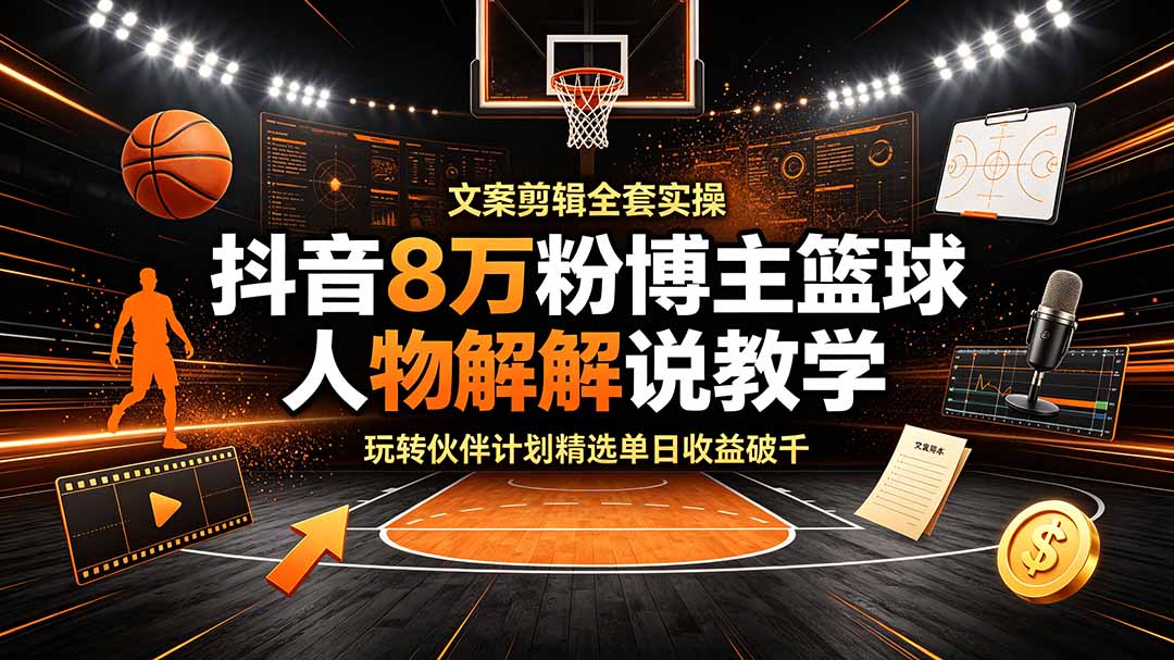 抖音8万粉博主篮球人物解说教学，文案剪辑全套实操，玩转伙伴计划精选单日收益破千-创业网 - 最新网络创业项目与实战营销教程平台 | cye.cc