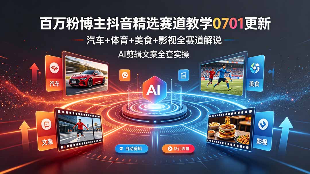 百万粉博主抖音精选赛道教学-0701更新，汽车+体育+美食+影视全赛道解说，AI剪辑文案全套实操-创业网 - 最新网络创业项目与实战营销教程平台 | cye.cc