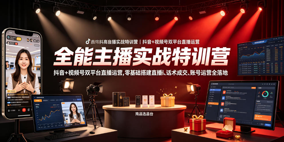 全能主播实战特训营｜抖音+视频号双平台直播运营，零基础搭建直播间、精准选品、话术成交、账号运营全落地-创业网 - 最新网络创业项目与实战营销教程平台 | cye.cc