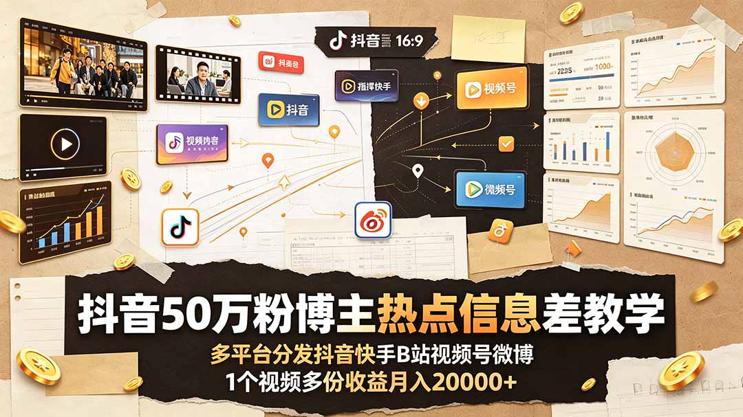 抖音50万粉博主热点信息差教学：多平台分发抖音快手B站视频号微博，1个视频多份收益月入20000+-创业网 - 最新网络创业项目与实战营销教程平台 | cye.cc