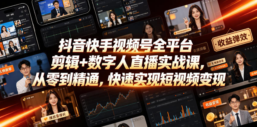 抖音快手视频号全平台剪辑+数字人直播实战课，从零到精通，快速实现短视频变现(更新2026年6月)​-创业网 - 最新网络创业项目与实战营销教程平台 | cye.cc