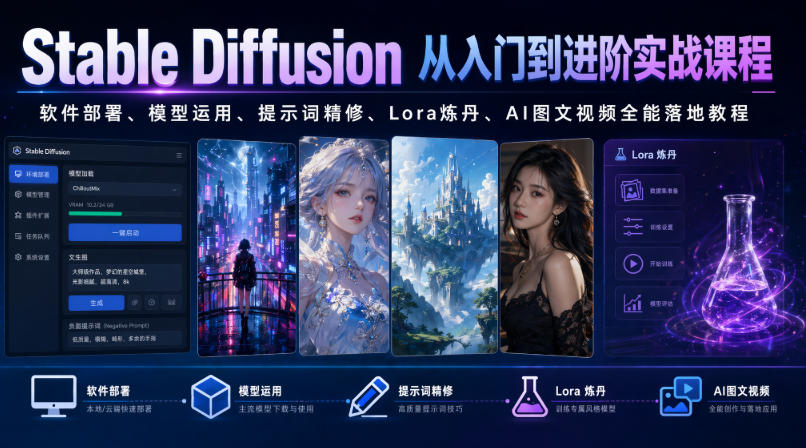 Stable Diffusion从入门到进阶实战课程｜软件部署、模型运用、提示词精修、Lora炼丹、AI图文视频全能落地教程-创业网 - 最新网络创业项目与实战营销教程平台 | cye.cc