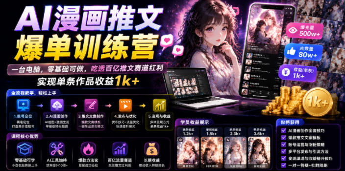 AI漫画推文爆单训练营，一台电脑，零基础可做，吃透百亿推文赛道红利，实现单条作品收益1k+-创业网 - 最新网络创业项目与实战营销教程平台 | cye.cc