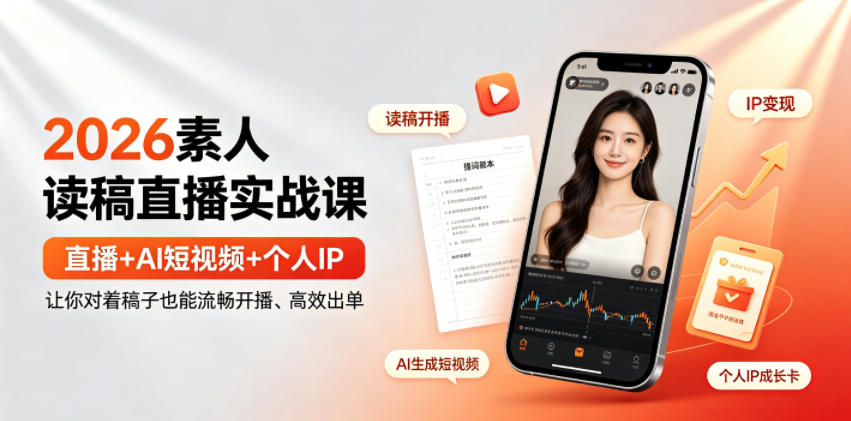 2026素人读稿直播实战课｜直播+AI短视频+个人IP，让你对着稿子也能流畅开播、高效出单-创业网 - 最新网络创业项目与实战营销教程平台 | cye.cc
