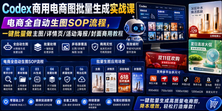 Codex商用电商图批量生成实战课｜电商全自动生图SOP流程，一键批量做主图/详情页/活动海报/封面商用教程-创业网 - 最新网络创业项目与实战营销教程平台 | cye.cc
