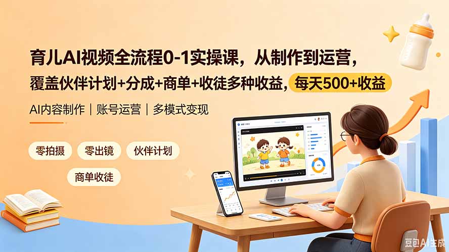 育儿AI视频全流程0-1实操课，从制作到运营，覆盖伙伴计划+分成+商单+收徒多种收益，每天500+收益-创业网 - 最新网络创业项目与实战营销教程平台 | cye.cc