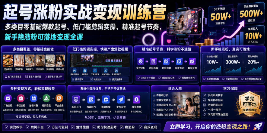 苗子起号涨粉实战变现训练营，多类目零基础爆款起号、精准起号节奏、新手稳涨粉可落地变现全课-创业网 - 最新网络创业项目与实战营销教程平台 | cye.cc