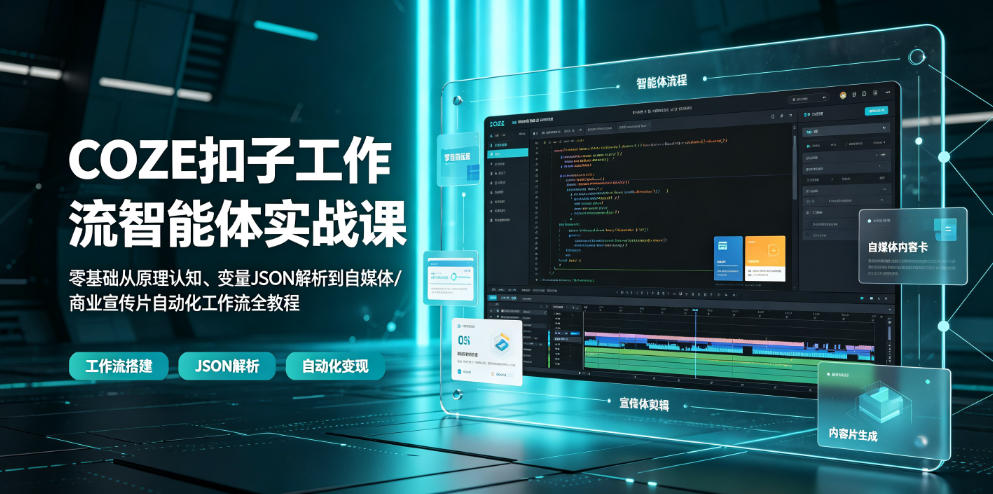 COZE扣子工作流智能体实战课｜零基础从原理认知、变量JSON解析到自媒体/商业宣传片自动化工作流全教程-创业网 - 最新网络创业项目与实战营销教程平台 | cye.cc