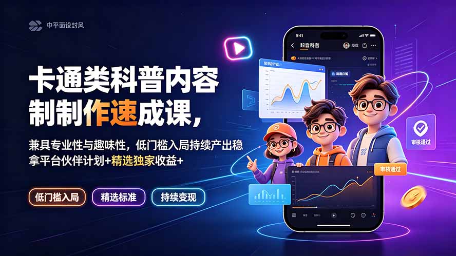 卡通类科普内容制作速成课，兼具专业性与趣味性，低门槛入局持续产出稳拿平台伙伴计划+精选独家收益-创业网 - 最新网络创业项目与实战营销教程平台 | cye.cc